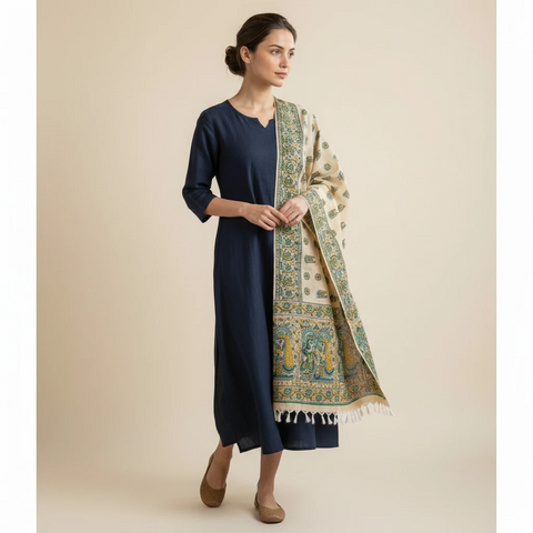 Peach printed Madhubani dupatta draped over ethnic outfit — traditional fashion