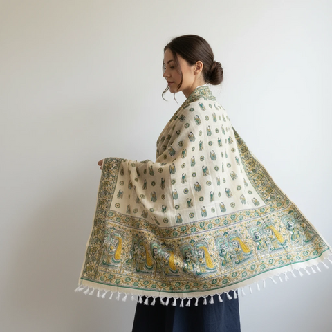 Peach printed Madhubani dupatta draped over ethnic outfit — traditional fashion