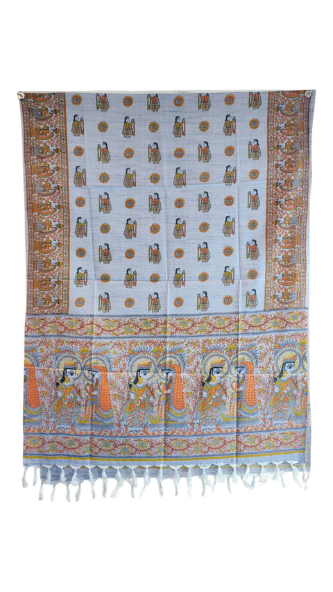 Sky Blue Madhubani art printed khadi silk dupatta — full hanger display view