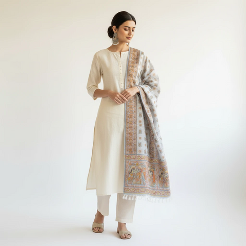 Close-up of Madhubani art print motif pattern on sky blue khadi silk dupatta