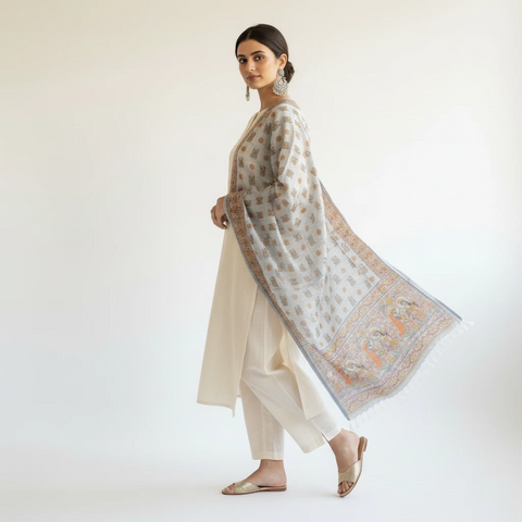Sky Blue printed Madhubani dupatta draped over ethnic outfit — traditional fashion