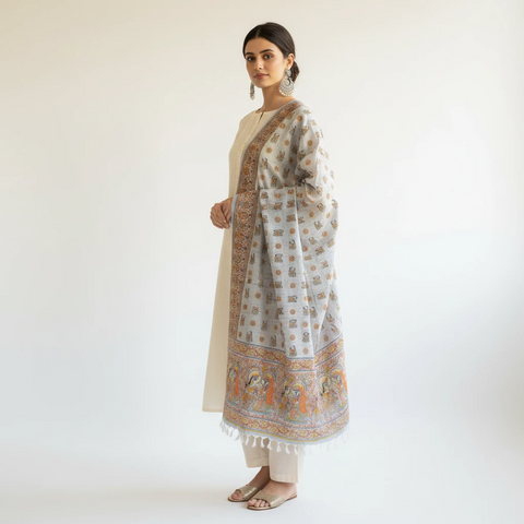 Sky Blue printed Madhubani dupatta draped over ethnic outfit — traditional fashion
