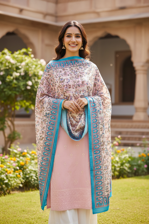 Blush Blue Floral Kalamkari Cotton Dupatta