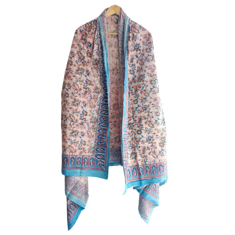 Blush Blue Floral Kalamkari Cotton Dupatta – Kalamkari print detail