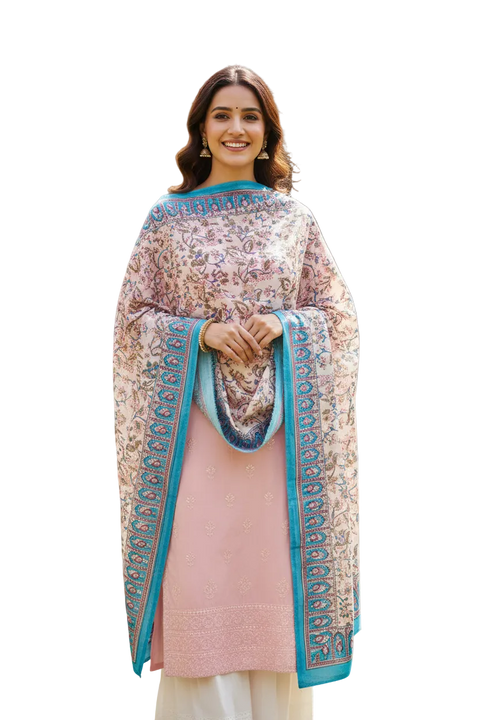 Blush Blue Floral Kalamkari Cotton Dupatta