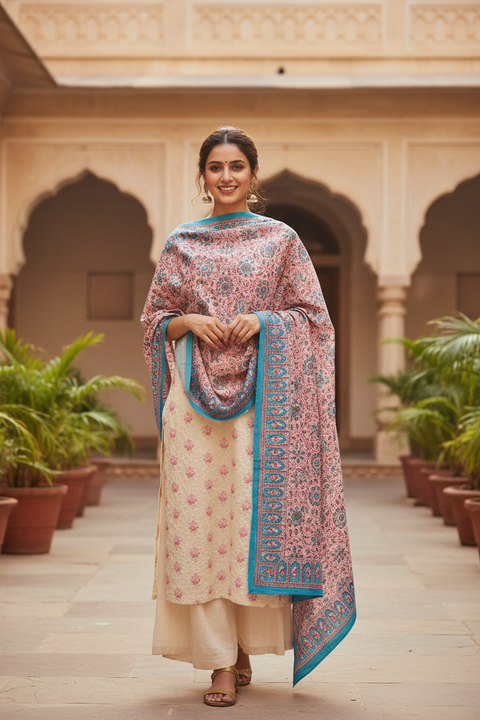 Rose Teal Kalamkari Cotton Dupatta