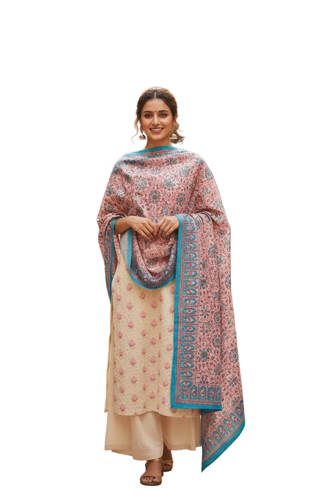 Rose Teal Kalamkari Cotton Dupatta