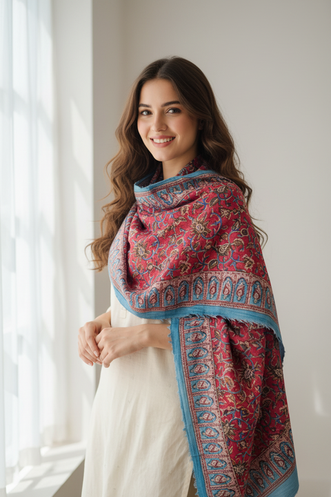 Raspberry Teal Kalamkari Cotton Dupatta
