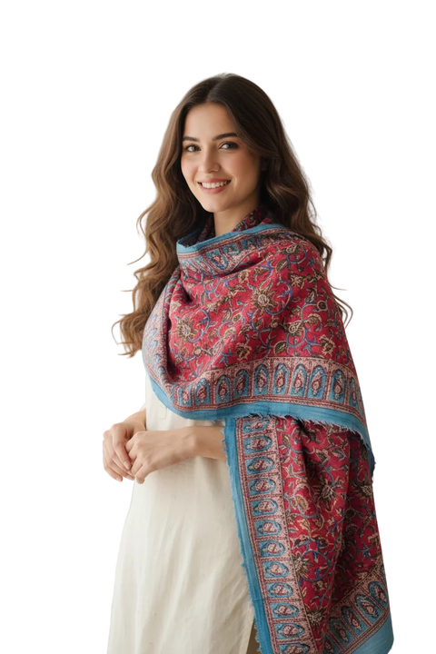 Raspberry Teal Kalamkari Cotton Dupatta