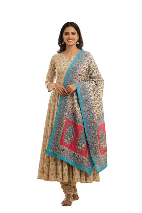 Ivory Turquoise Kalamkari Cotton Dupatta