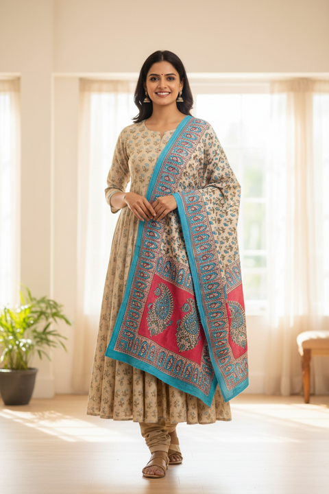 Ivory Turquoise Kalamkari Cotton Dupatta