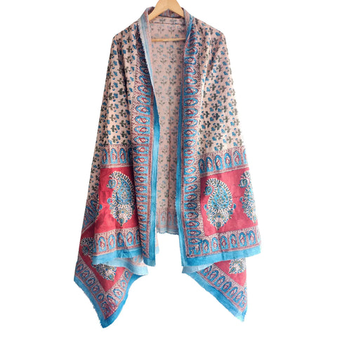 Ivory Turquoise Kalamkari Cotton Dupatta – Kalamkari print detail