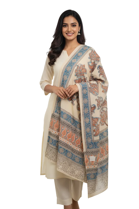 Ivory Blue Kalamkari Cotton Dupatta