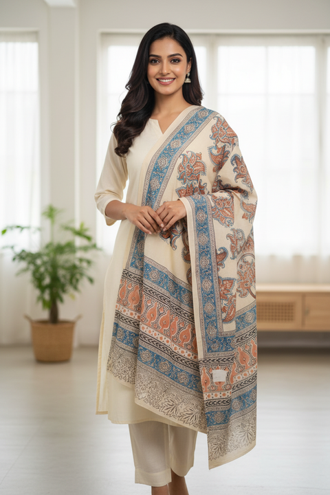 Ivory Blue Kalamkari Cotton Dupatta