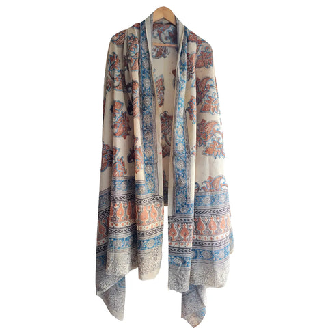 Ivory Blue Kalamkari Cotton Dupatta – Kalamkari print detail