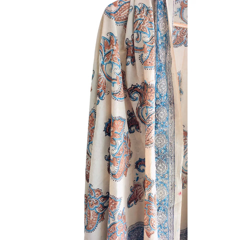 Ivory Blue Kalamkari Cotton Dupatta – border detail