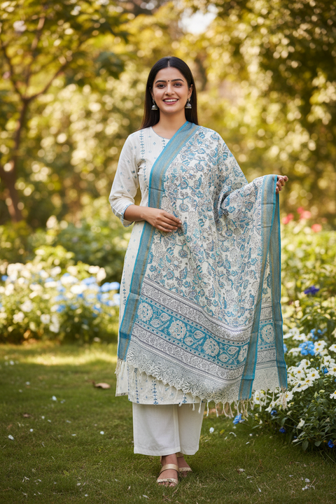 Ivory Sky Blue Kalamkari Cotton Dupatta