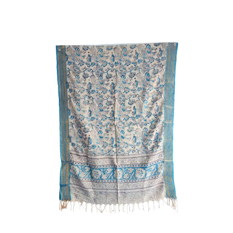 Ivory Sky Blue Kalamkari Cotton Dupatta – full product view