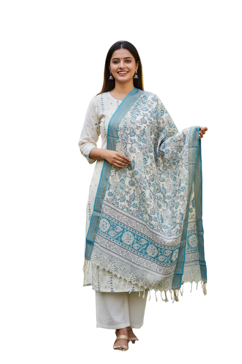 Ivory Sky Blue Nizam Border Mangalagiri Silk Kalamkari Hand Block Printed Dupatta