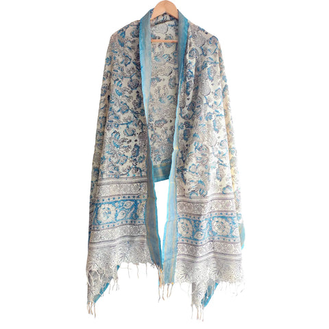 Ivory Sky Blue Kalamkari Cotton Dupatta – alternate drape view