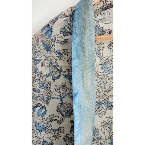 Ivory Sky Blue Kalamkari Cotton Dupatta – border detail
