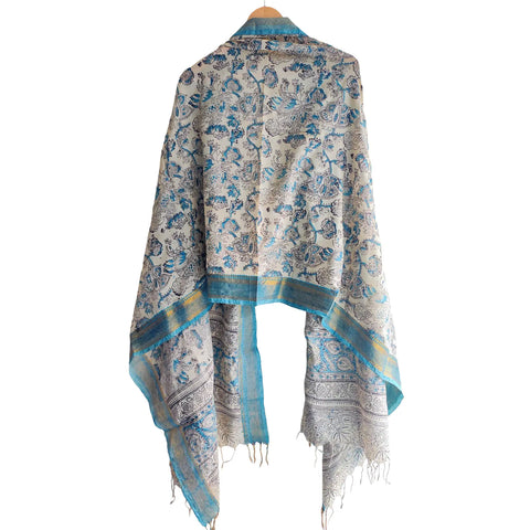 Ivory Sky Blue Kalamkari Cotton Dupatta – fabric texture close-up