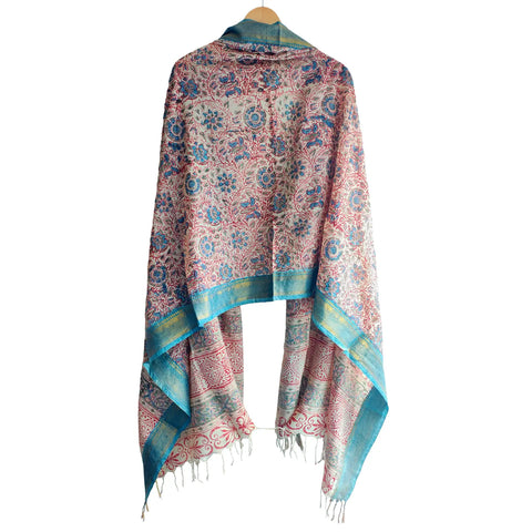 Sand Teal Kalamkari Cotton Dupatta – fabric texture close-up