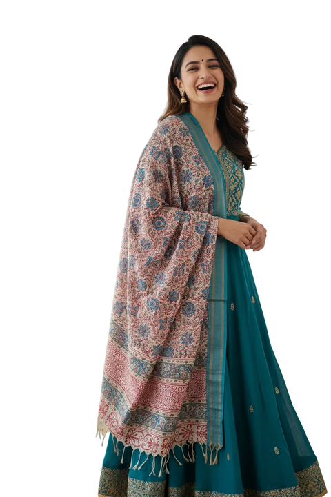 Sand Teal Nizam Border Mangalagiri Silk Kalamkari Hand Block Printed Dupatta