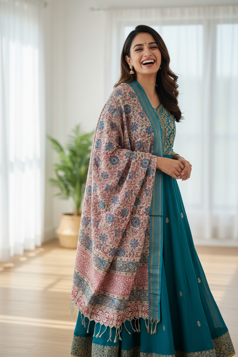 Sand Teal Kalamkari Cotton Dupatta