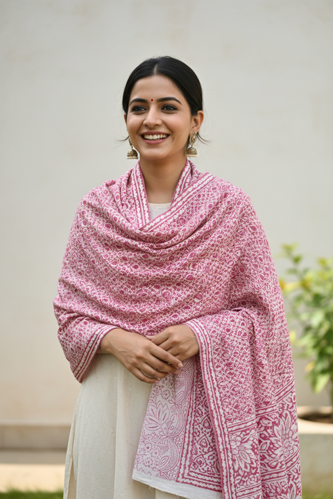 Rose Pink Kalamkari Cotton Stole