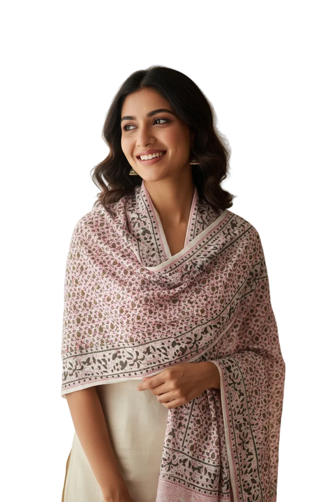 Ivory Olive Floral Kalamkari Modal Silk Stole