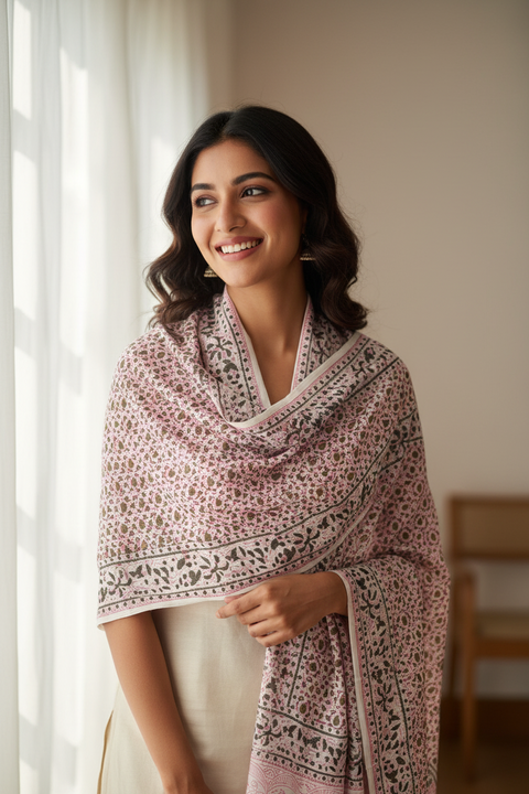 Ivory Olive Floral Kalamkari Cotton Stole