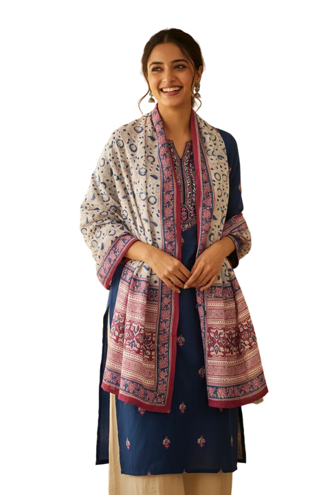 Ivory Blue Border Kalamkari Modal Silk Stole