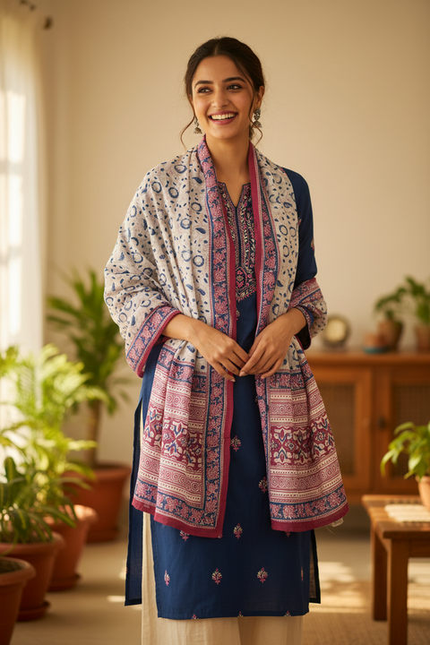 Ivory Blue Border Kalamkari Cotton Stole