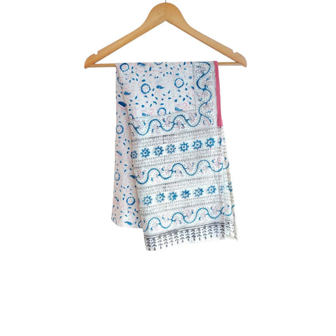 Ivory Turquoise Border Kalamkari Cotton Stole – full product view