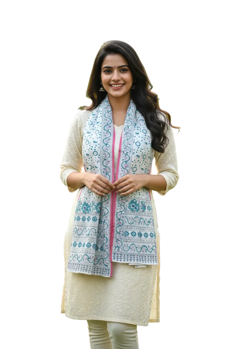 Ivory Turquoise Border Kalamkari Modal Silk Stole