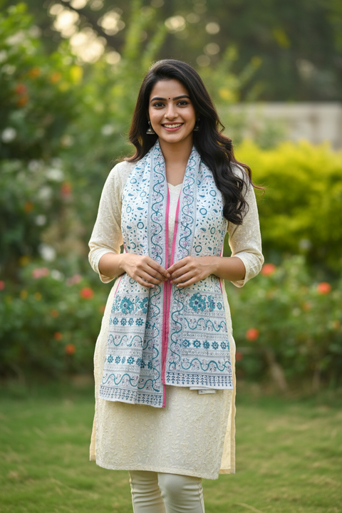 Ivory Turquoise Border Kalamkari Cotton Stole