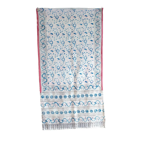 Ivory Turquoise Border Kalamkari Cotton Stole – alternate drape view
