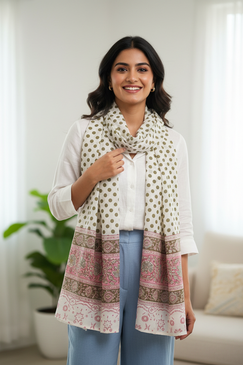 Ivory Olive Border Kalamkari Cotton Stole
