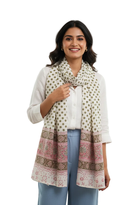 Ivory Olive Border Kalamkari Modal Silk Stole