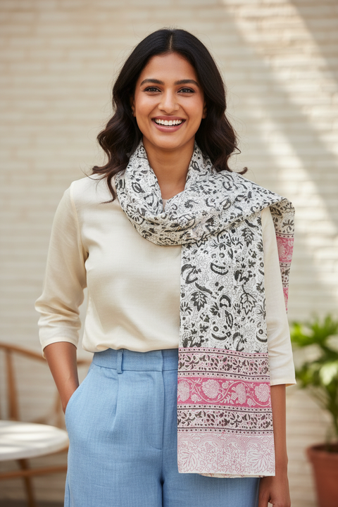 Sage Pink Border Kalamkari Cotton Stole
