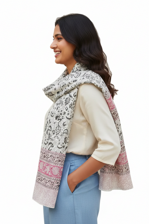 Sage Pink Border Kalamkari Modal Silk Stole