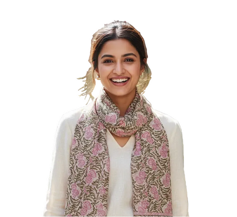 Blush Olive Floral Kalamkari Modal Silk Stole