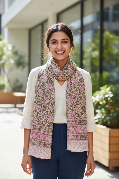 Blush Olive Floral Kalamkari Cotton Stole