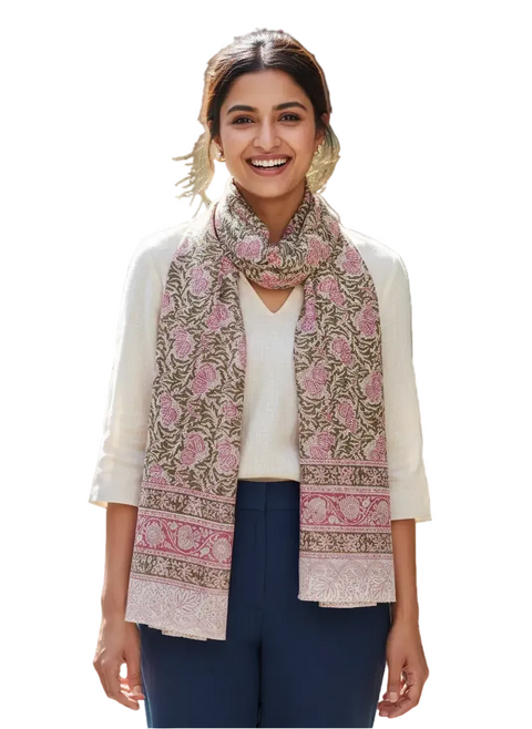 Blush Olive Floral Kalamkari Modal Silk Stole