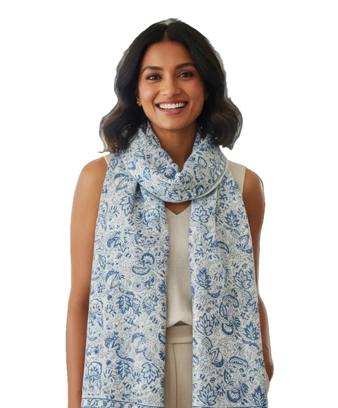Ivory Blue Floral Kalamkari Modal Silk Stole