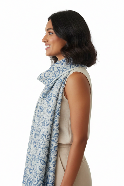 Ivory Blue Floral Kalamkari Modal Silk Stole