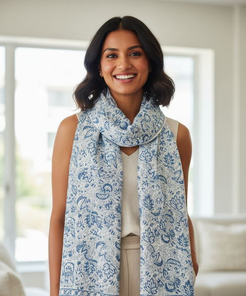 Ivory Blue Floral Kalamkari Cotton Stole
