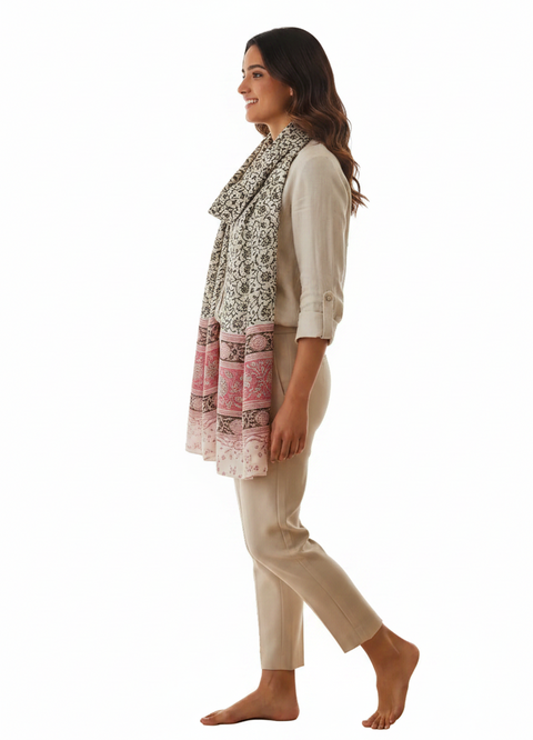 Ivory Olive Pink Kalamkari Modal Silk Stole
