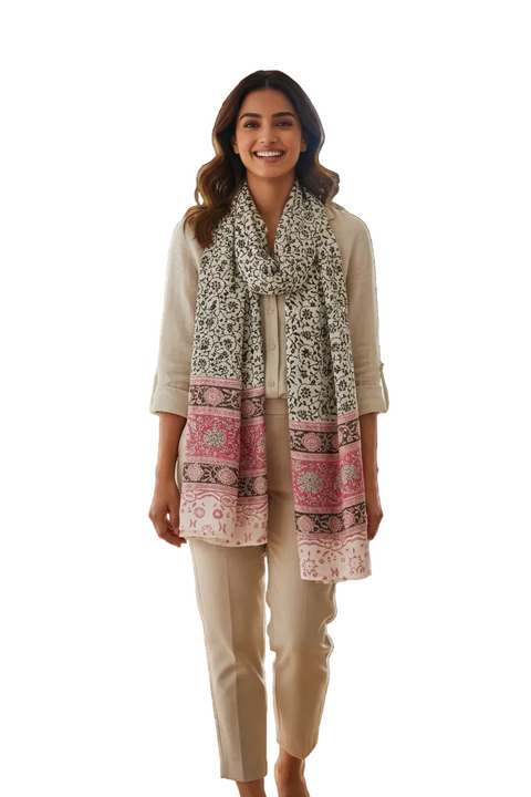 Ivory Olive Pink Kalamkari Modal Silk Stole